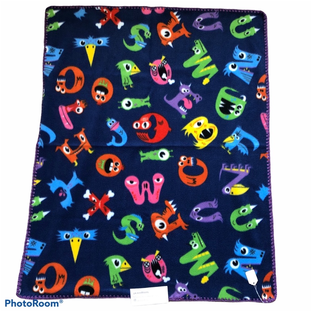 Handmade Monster Alphabet fleece throw 29” x 36”